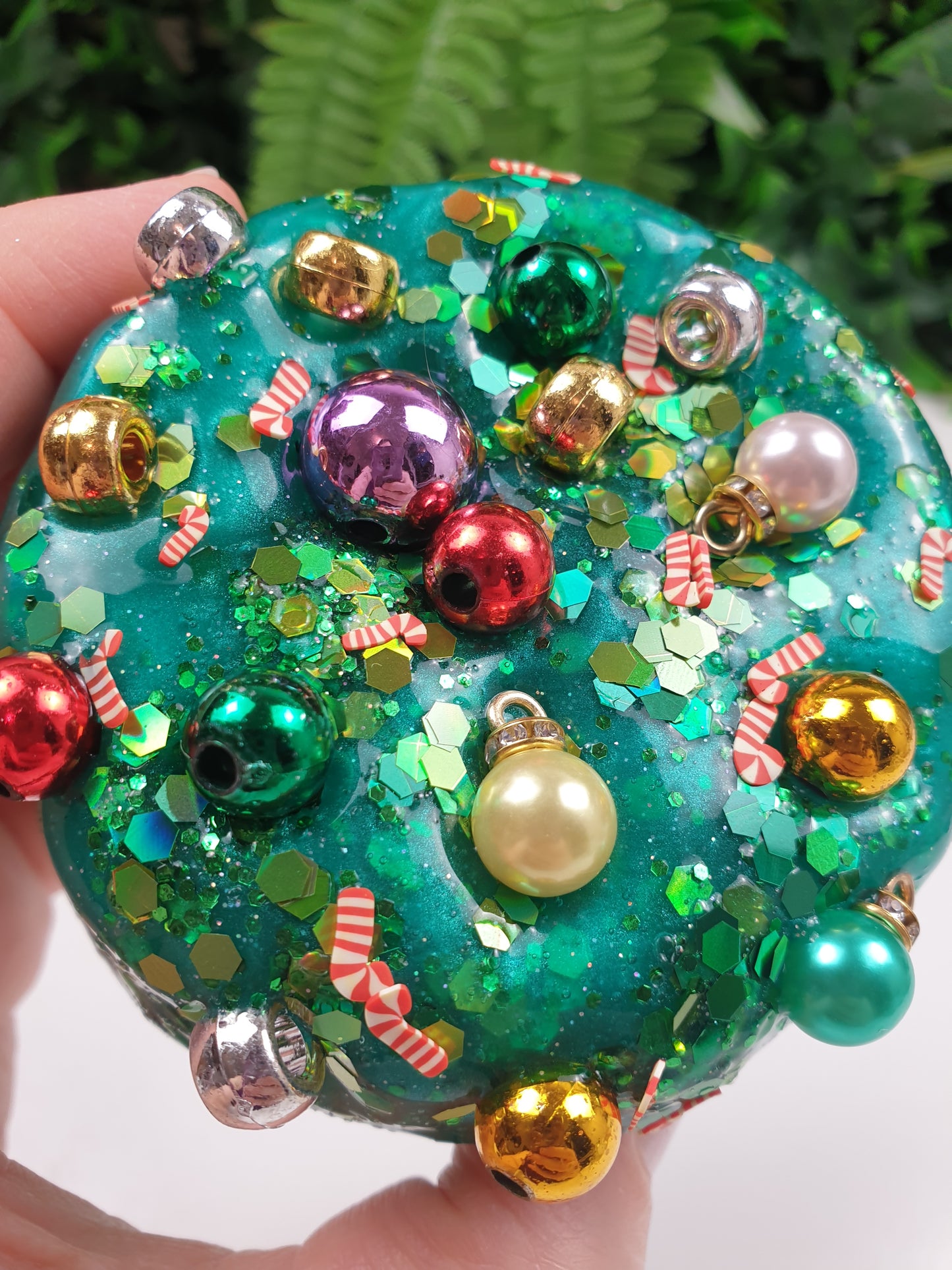 Green Clear Slime with Christmas Beads and Candy Cane Fimos Handmade in Australia