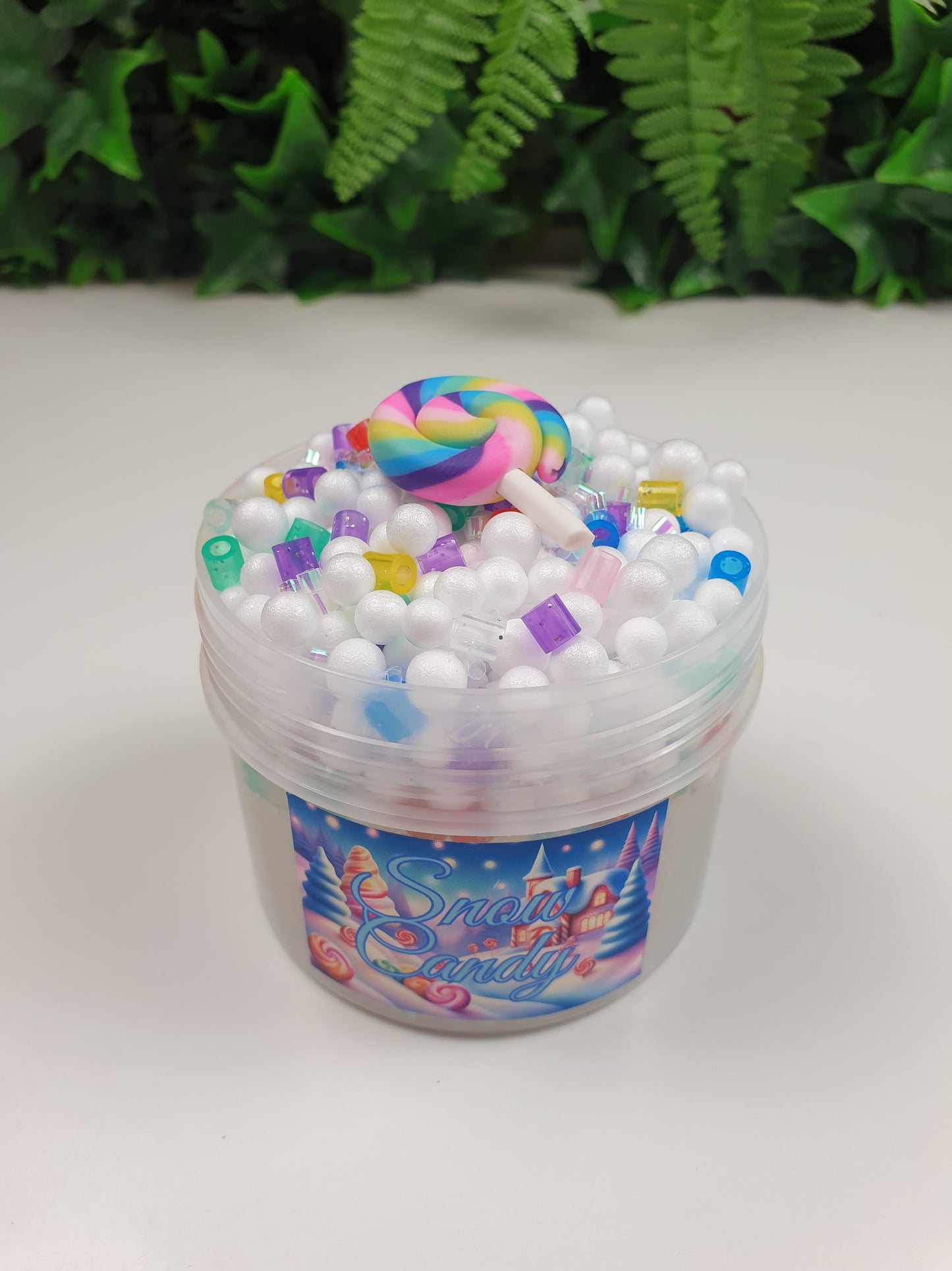 White Crunchy Slime with Foam Balls and Lollipop Charm Handmade in Australia