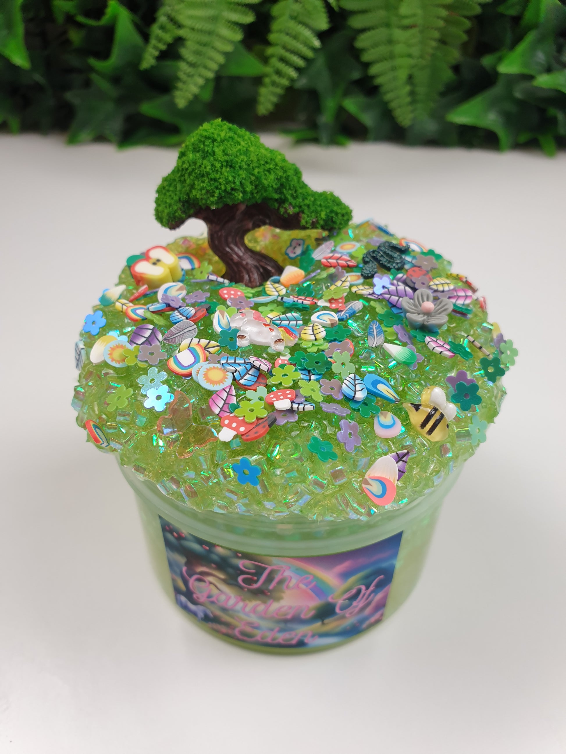 Green Bingsu Slime with Flowers Apples and a Tree Handmade in Australia
