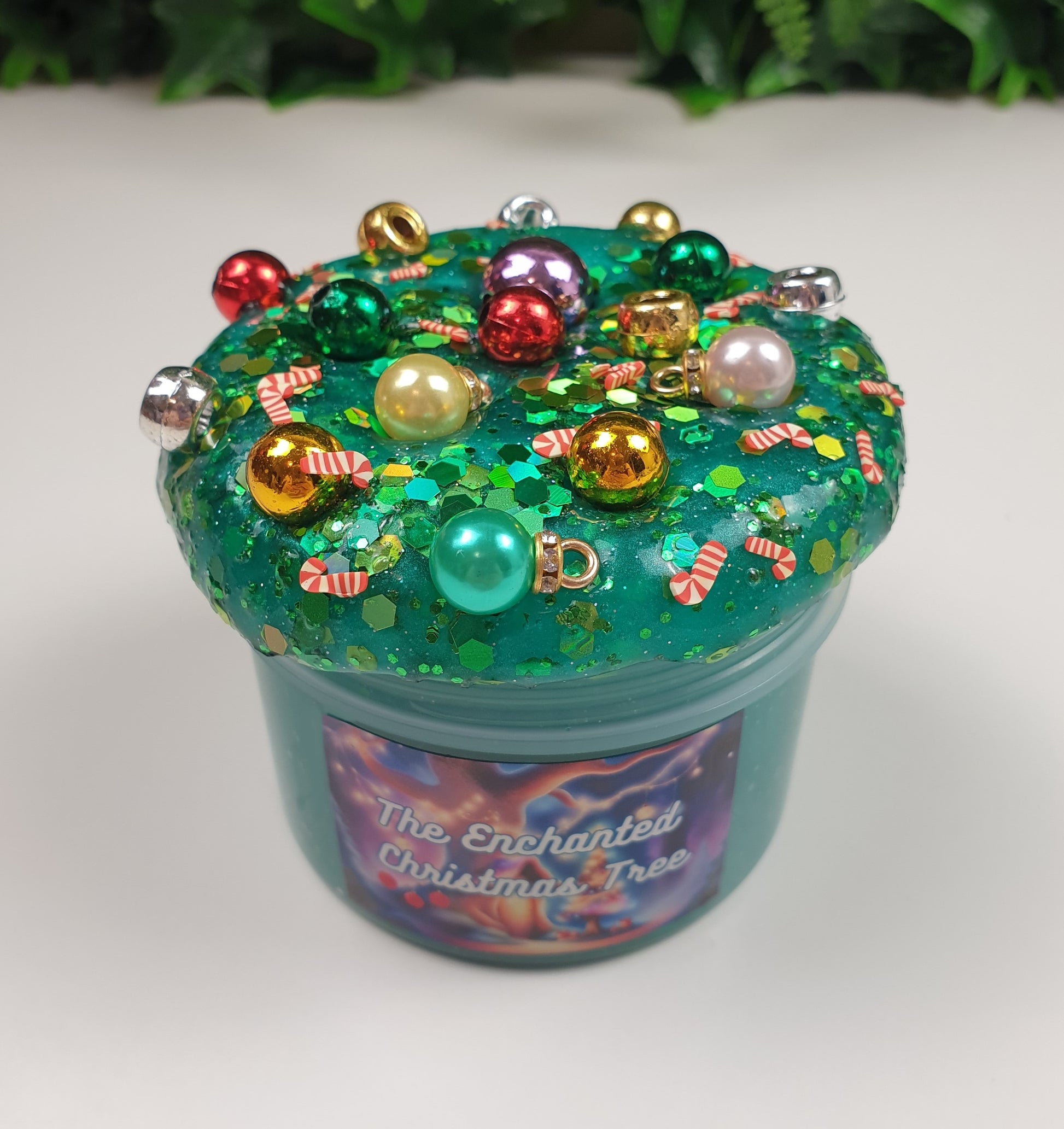 Green Clear Slime with Christmas Beads and Candy Cane Fimos Handmade in Australia 